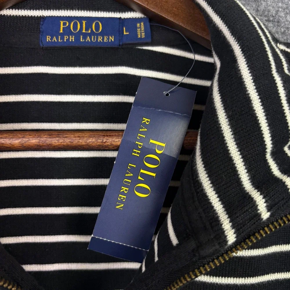 Polo Ralph Lauren Quarter Zip Mens L Black White Striped Pony Logo Pullover NEW